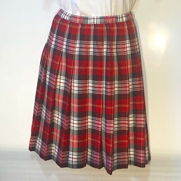 SZ 12P Red & Black plaid pleated midi skirt classic academia preppy - Picture 1 of 8